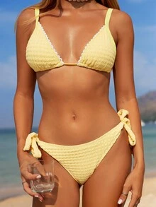 Swim Mod 2 件套纹理纯色三角形可调节肩带性感优雅比基尼套装带蕾丝边配饰，适合海滩、泳池、派对 - 黃色 - 查看 1