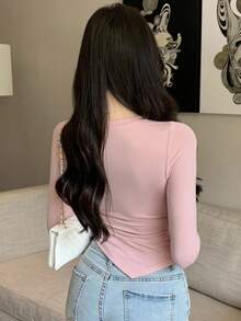 DAZY Asymmetric Design Fitted Long Sleeve Women T-Shirt - Pink - View 2