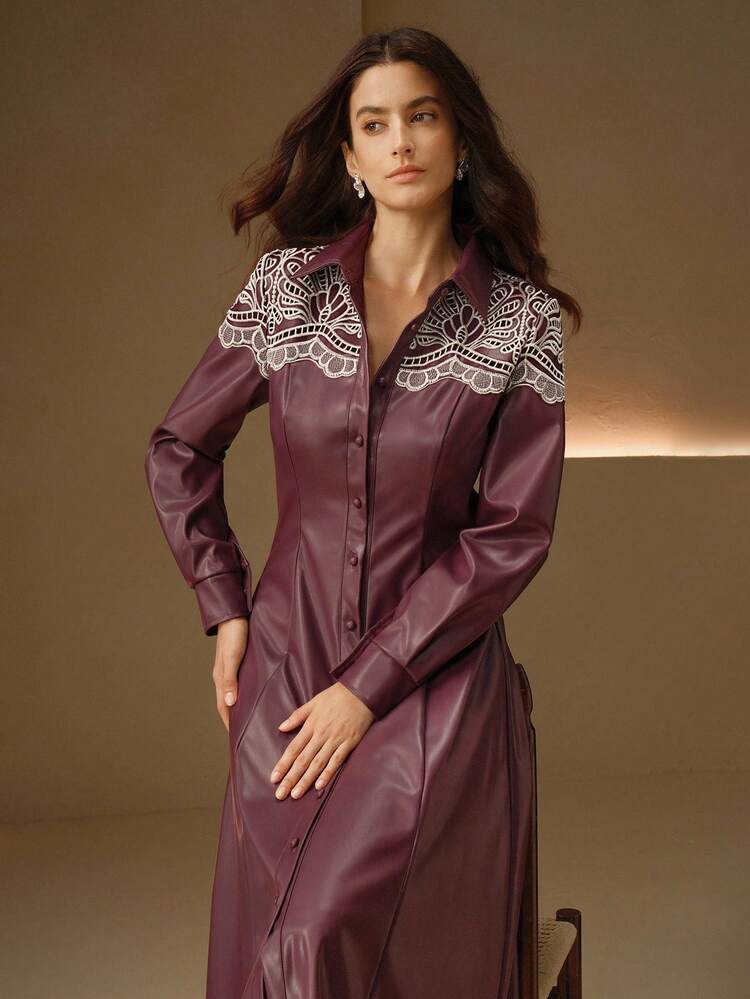 Women's Elegant Wine Red Hollow Embroidered Long Sleeve A-Line Dress, Suitable For Daily Wear And Gatherings, Autumn/Winter