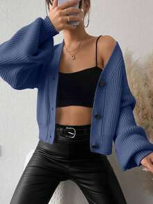 EURMUSE Casual & Versatile Solid Color Lantern Sleeve Cardigan - Navy Blue - View 4