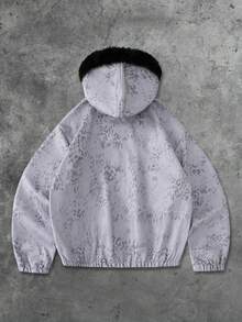 ROMWE MEN Street Life Unisex Street American Animal Texture English Graphic Print Fur Collar Jacket - Light Grey - View 2
