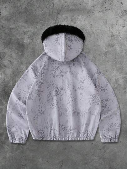 Street Life Unisex Street American Animal Texture English Graphic Print Fur Collar Jacket