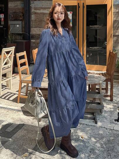 FRIFUL Notched Neck Tiered Ruffle Hem Denim Dress