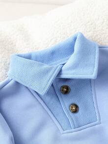 SHEIN Genkimix Kids Sweatshirt Kasual Lengan Panjang Kancing Depan Warna Polos untuk Anak Laki-Laki, Cocok untuk Musim Gugur/Dingin - Baby Blue - View 5