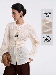 Aalyst 女士优雅简约高端正式办公室通勤休闲假日纯色中式领圆领褶皱拼接复古腰带金属扣装饰灯笼袖长袖衬衫，杏色 - 杏色 - 查看 1