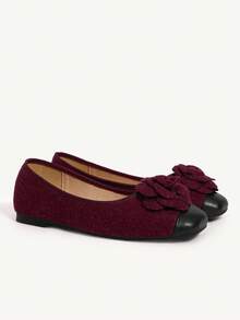 CUCCOO CHICEST 女士秋冬新款山茶花拼接方头平底鞋，优雅甜美浪漫休闲经典舒适复古酒红色、酒红色和黑色仿皮毡面平底鞋，芭蕾舞鞋，适合下午茶、约会、工作、度假、上学、圣诞节、感恩节、新年、情人节等场合。 - 酒紅色 - 查看 9