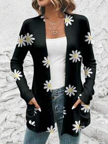 SHEIN LUNE Damen Lässige Blumenmuster Dünne Strickjacke, Locker Sitzende Langarm, Geeignet für Herbst/Winter - Dunkelgrau - Übersicht 3