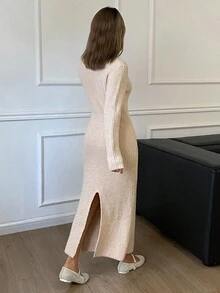 DAZY Váy len dài tay cổ chữ V ôm eo màu trơn, thanh lịch và gợi cảm, thời trang thu đông - Màu be - Xem 2