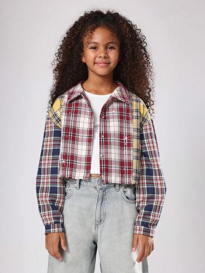  SUMWON 棉质格子纽扣长袖短款衬衫，带领，适合秋冬度假穿着