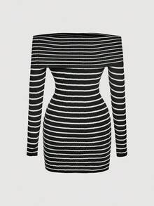 SHEIN MOD Women's Off-Shoulder Chic Black And White Striped Sweater Dress,Autumn Night Out Elegant Niche Striped Sweater,Fall Winter Graduation Dresses - Black - View 2