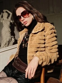 SHEIN Unity 女士纯色长袖拉链领休闲人造毛皮夹克，适合派对场合 - 棕色 - 查看 1