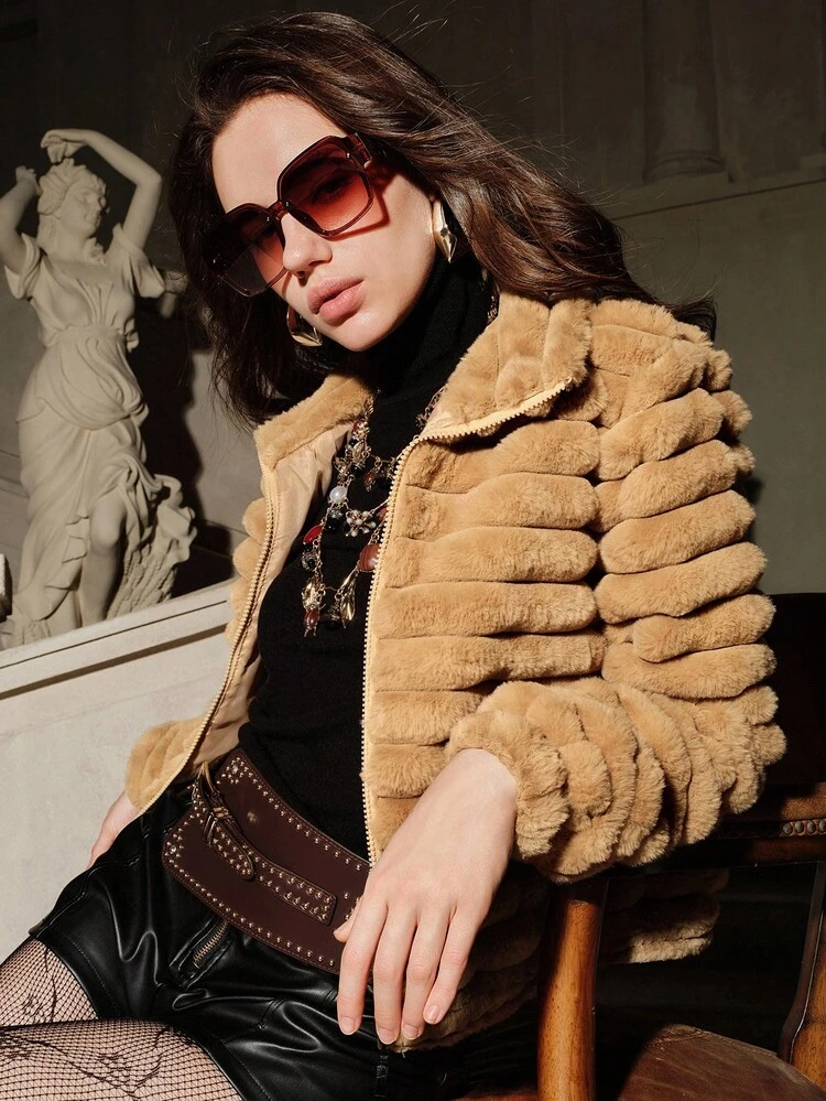 Women's Solid Color Long Sleeve Zipper Collar Casual Faux Fur Jacket, Suitable For Party Occasions