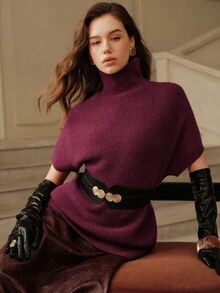 SHEIN Unity 奢华优雅女士短袖腰带毛衣 - 酒紅色 - 查看 3
