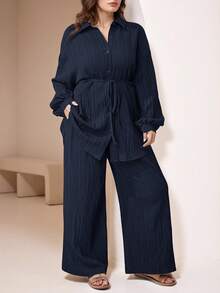 Veilorie 2pcs Plus Size Plain Front Button Long Sleeve Casual Blouse And Pants Set 2 Pieces Set - Navy Blue - View 1