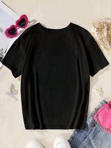 SHEIN Tween Girl Summer Casual Short Sleeve T-Shirt With Cartoon Character Print - Black - View 4