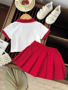 SHEIN 2pcs/Set Baby Girl Toddler/Newborn 0-3Y Casual V-Neck Polo Shirt & Pleated Skirt 2-Piece Outfit, Spring/Summer - Red - View 2