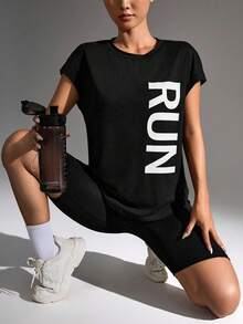 Gameset SHEIN Sport Tricouri sport pentru femei, cu imprimeu supradimensionat, casual, largi, în aer liber, cu imprimeu cu litere