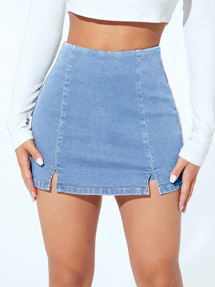 SHEIN PETITE Viền chia cắt Váy denim - Rửa nhẹ - Xem 1