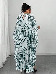 Elenzga Plus Size V-Neck Chiffon Floral Print Ruffle Trim Cape Top + Knit Camisole Dress Elegant 2-Piece Set - Dark Green - View 2