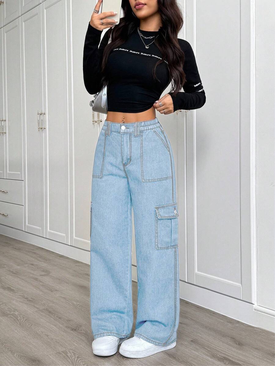 SHEIN PETITE Women's Cargo Pocket Wide Leg Loose Casual Versatile Denim Jeans