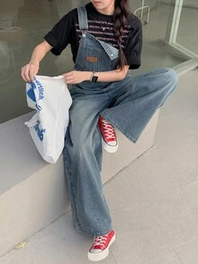 DAZY Peto de mezclilla lavada con etiqueta de cuero tejida y casual para mujer, monos de otoño e invierno