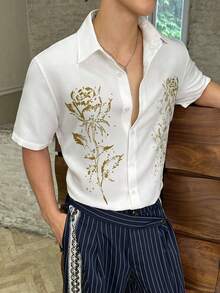 SWAVVY Digital Print Turndown Collar Loose Fit Short Sleeve Shirt For Men - Beige - View 4
