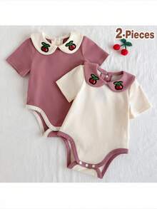 Loomiva 2pcs/Set Newborn Baby Girl Cartoon Fruit Pattern Soft Contrast Color Ruffled Collar Short Sleeve Bodysuit