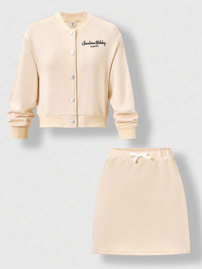 SHEIN Explorewe 2pcs Girls Embroidered Letter Baseball Jacket & Skirt Set, Sweet & Fresh Suitable For Park Picnic, School Activities Fall Winter