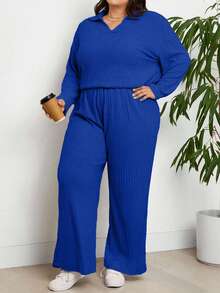 EURMUSE Ensemble 2 pièces grande taille, Top ample à manches longues et pantalon large - bleu indigo - Voir 5