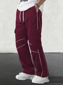 Gym Rark Men's Contrast Piping Drawstring Waist Slant Pocket Lightweight Cargo Pants Sweat Pants - Burgundy - View 4