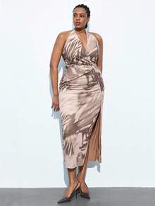 Maija Plus Size Women's Urban Elegant Deep V-Neck Waist Twist Tie Strap High Slit Dress, Winter Plus Size Women's Clothing, Autumn/Winter Women's Apparel, Halloween Costume, Christmas Dress, New Year Party Outfit New Year Women Party Dress Elegant Dresses For Party Party Dresses For Women Elegant Dress Women Elegant Dresses Sexy Sexy Dress Cheetah Print Dres - Multicolor - View 4
