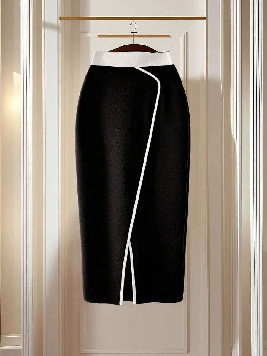 SHEIN Clasi Falda lápiz elegante de punto de alta calidad y alta elasticidad con bloqueo de color de talle alto para mujeres curvy y de talla grande, negra, 2025 nueva, para invierno, vintage, salir, otoño, invierno, otoño talla grande, oficina para mujeres, falda de otoño