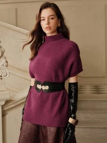 SHEIN Unity 奢华优雅女士短袖腰带毛衣 - 酒紅色 - 查看 4