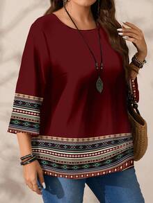 EMERY ROSE Plus Size Women Striped Ruffle Loose Allover Print Round Neck 3/4 Sleeve Blouse Fall Clothes Chic Blouses For Women,Spring/Summer/Vacation - Multicolor - View 7