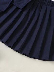 SHEIN Young Girls Comfortable Blue Sleeveless Vest Jacket Paired With White Long Sleeve Casual Undershirt, Pleated Skirt Outfit, Autumn/Winter Fall - Blue - View 7