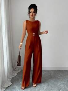 Selianne Solid Belted Wide Leg Jumpsuit - Burnt Orange - View 4