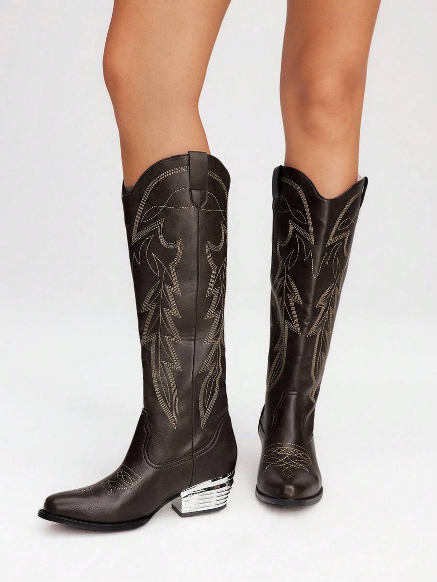 Styleloop Western Cowgirl Embroidered Mid-Calf Boots, Suitable For Summer Vacation, Boho, Music Festival, Party, Halloween, Core - Coffee Brown - View 1