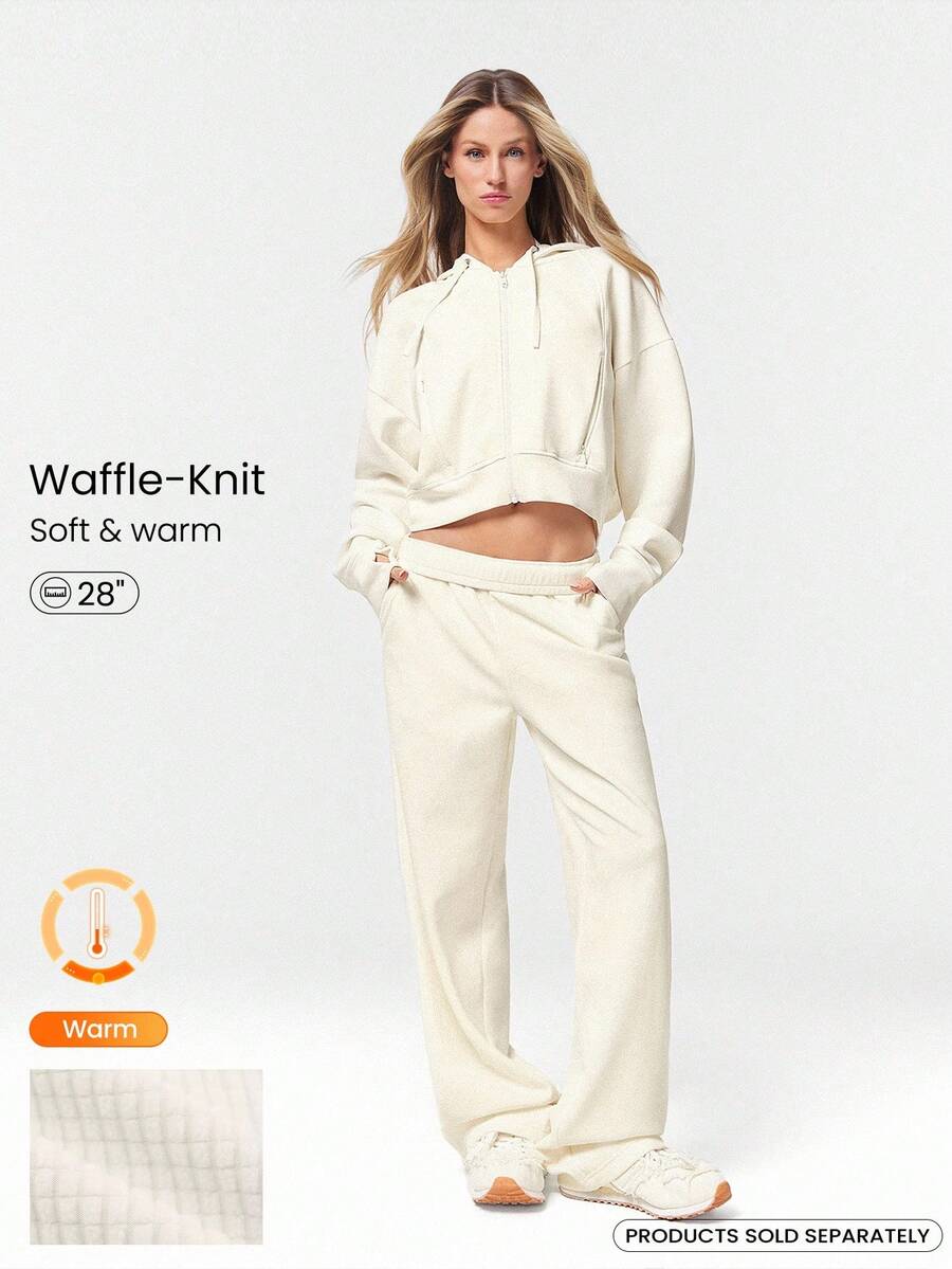 GLOWMODE Waffle Brushed Straight-Leg Elastic Waist Active Pants Casual Daily Wear Warm Winter - Beige - View 1