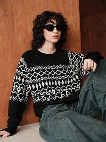 Zovinel Vintage Loose Fit Crew Neck Long Sleeve Contrast Color Diamond Jacquard Knit Pullover Sweater For Women, Autumn/Winter - Black - View 7
