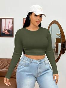 SHEIN EZwear 大码秋季休闲纯色罗纹针织修身短款 T 恤 - 軍綠色 - 查看 4