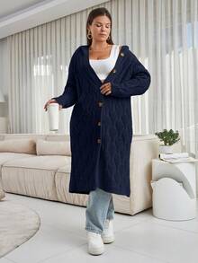 EURMUSE Plus Size Solid Color Cable Knit Hooded Casual Cardigan, Autumn/Winter - Navy Blue - View 7