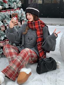 DAZY Women's Cartoon Print Thermal Lined Crew Neck Long Sleeve Sweatshirt Fall,Winter - Grey - View 2