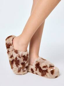 ROMWE Kawaii Pantofole da donna da esterno con pelliccia, con zeppa e tacco, stile gotico, calde e confortevoli, pantofole da casa per signore - Cachi - Visualizzare 1