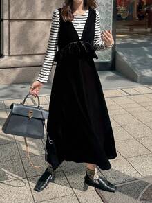 FRIFUL Women's Solid Color Ruffle Trim Deep V-Neck Dress, Autumn Dress - Black - View 5