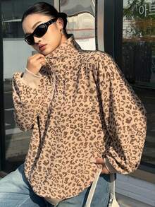 Dazy Plus Plus Size Women Zip-Up Leopard Print Loose Fit Pullover Sweatshirt, Street Style Fall/Winter - Khaki - View 3