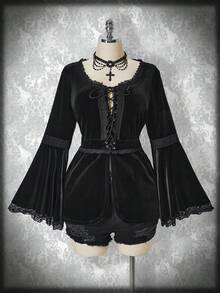 SHEIN ICON Blusa de terciopelo con mangas de volantes y ribete de encaje talla grande - Negro - Ver 1