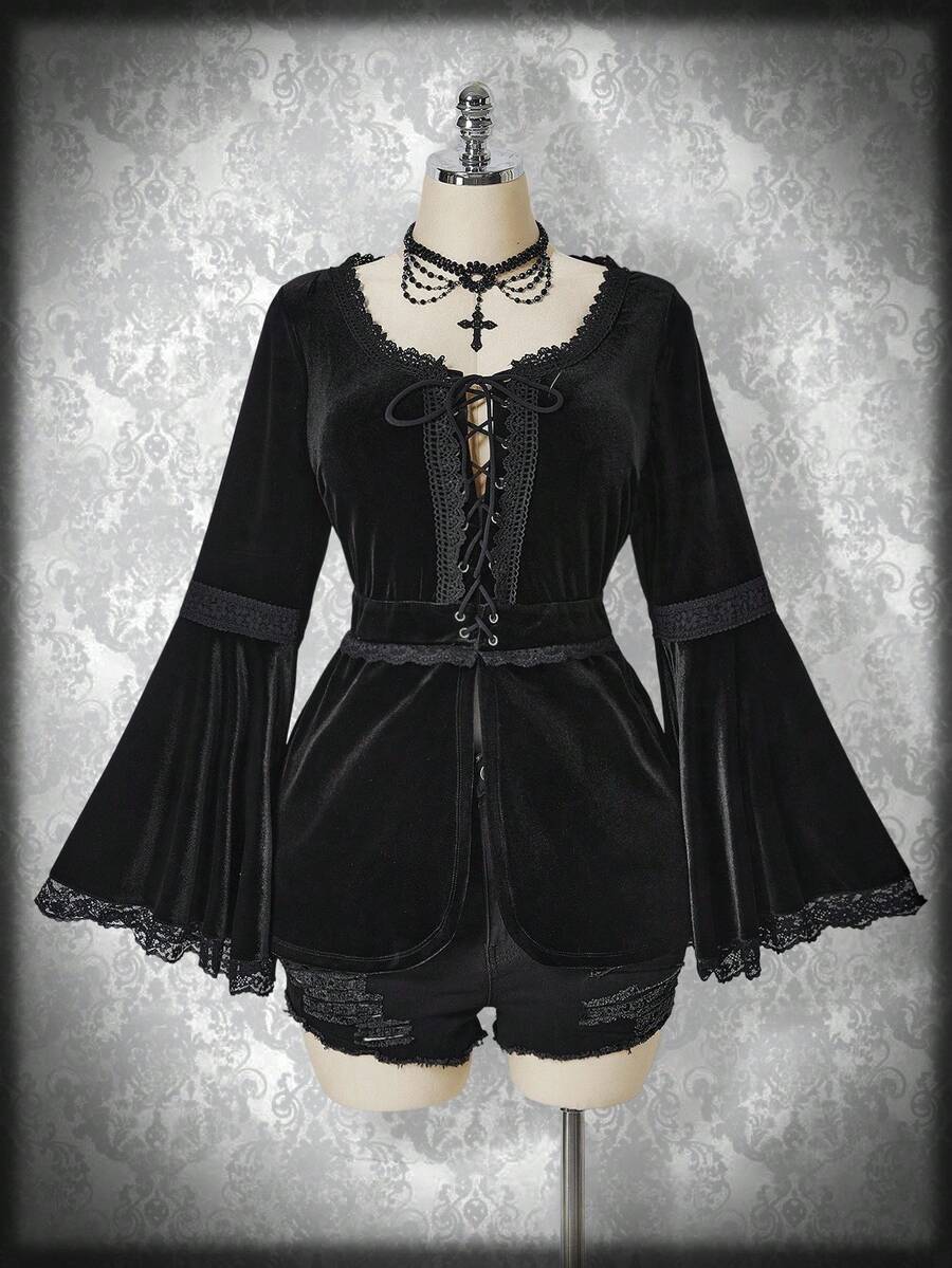 SHEIN ICON Blusa de terciopelo con mangas de volantes y ribete de encaje talla grande - Negro - Ver 1