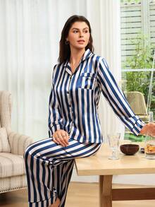SHEIN Bộ đồ ngủ nữ tay dài họa tiết sọc và quần dài, trang phục thu đông - Xanh và trắng - Xem 6