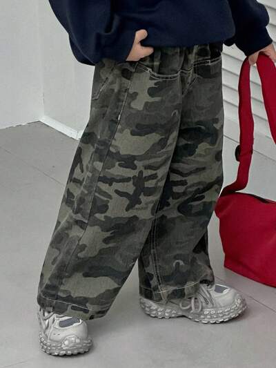 Toddler Boys' Loose Fit Straight Leg Camouflage Jeans, Casual Pants For Fall