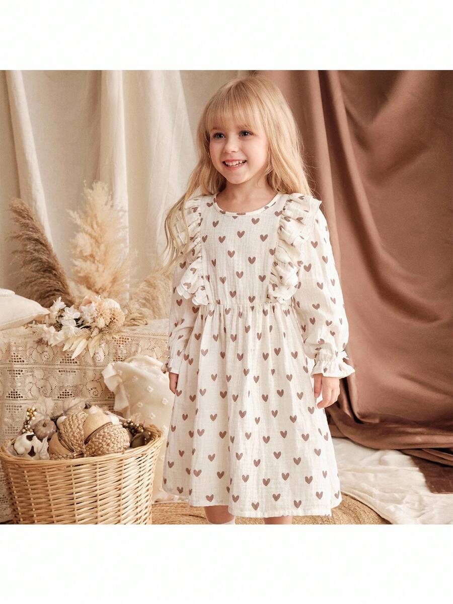 Loomiva Gaun Anak Perempuan Motif Hati, Leher Bulat, Hem Berkerut, Lengan Panjang, dan Ikat Pinggang, Serbaguna & Nyaman untuk Musim Gugur dan Musim Dingin - Putih - View 1